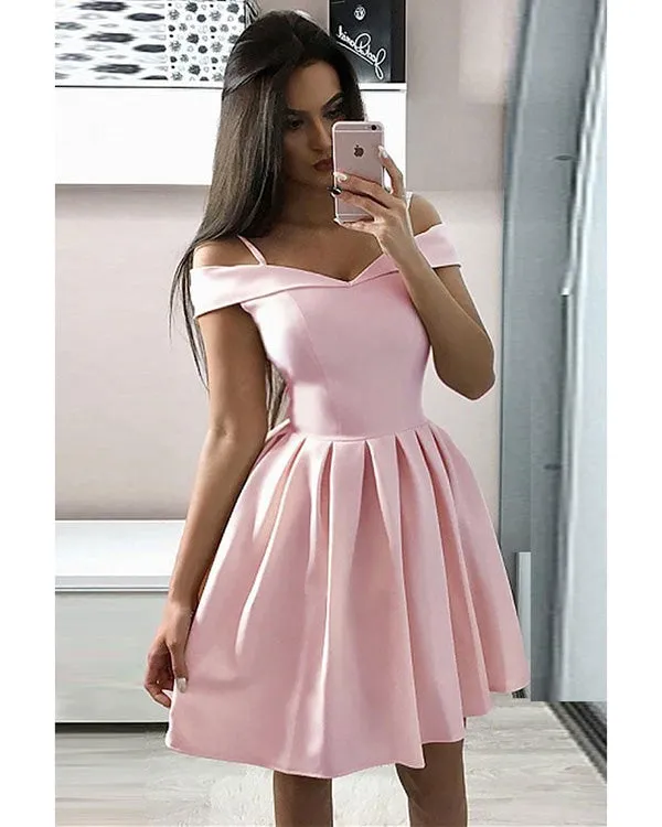 2020 Short Satin Homecoming Dresses Cap Sleeves Off The Shoulder Mini Prom Party Gowns