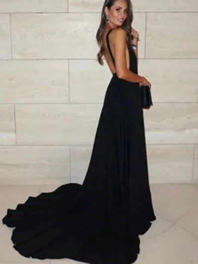 A-line Deep V-neck Open Back Black Satin Long Prom Dresses with Straps,Elegant Evening Dresses,MP601