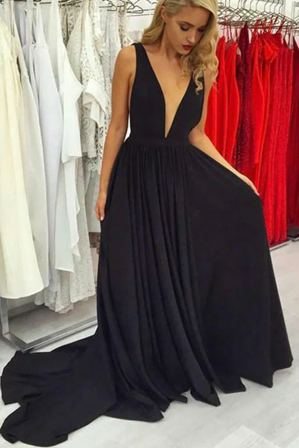 A-line Deep V-neck Open Back Black Satin Long Prom Dresses with Straps,Elegant Evening Dresses,MP601