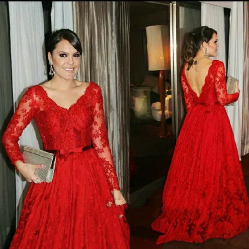 A-Line Prom Dresses,Red Prom Dress,Lace Evening Dress