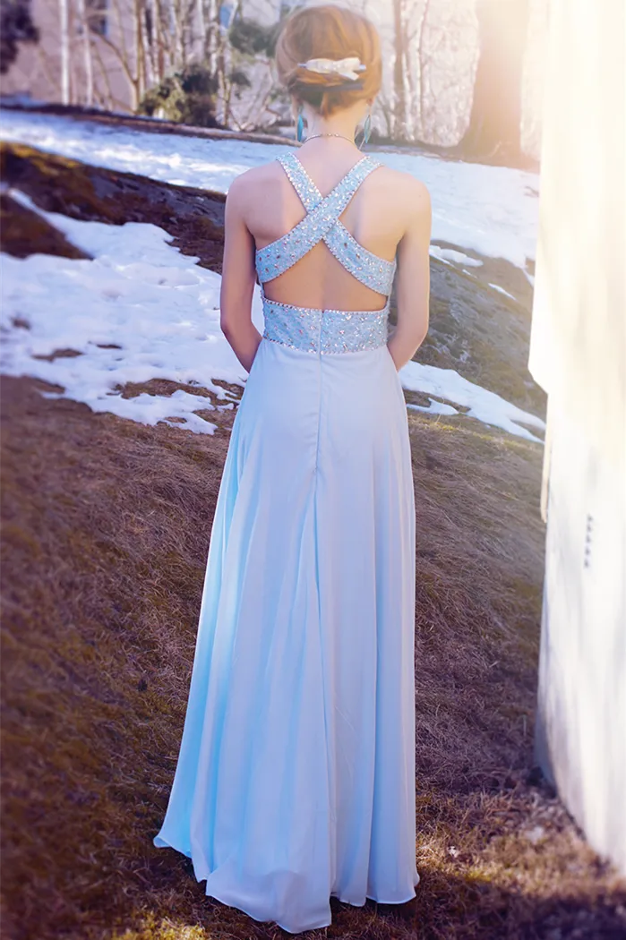 A-line V-neck Wide Straps Floor Length Chiffon Backless Rhinestone Evening Dress