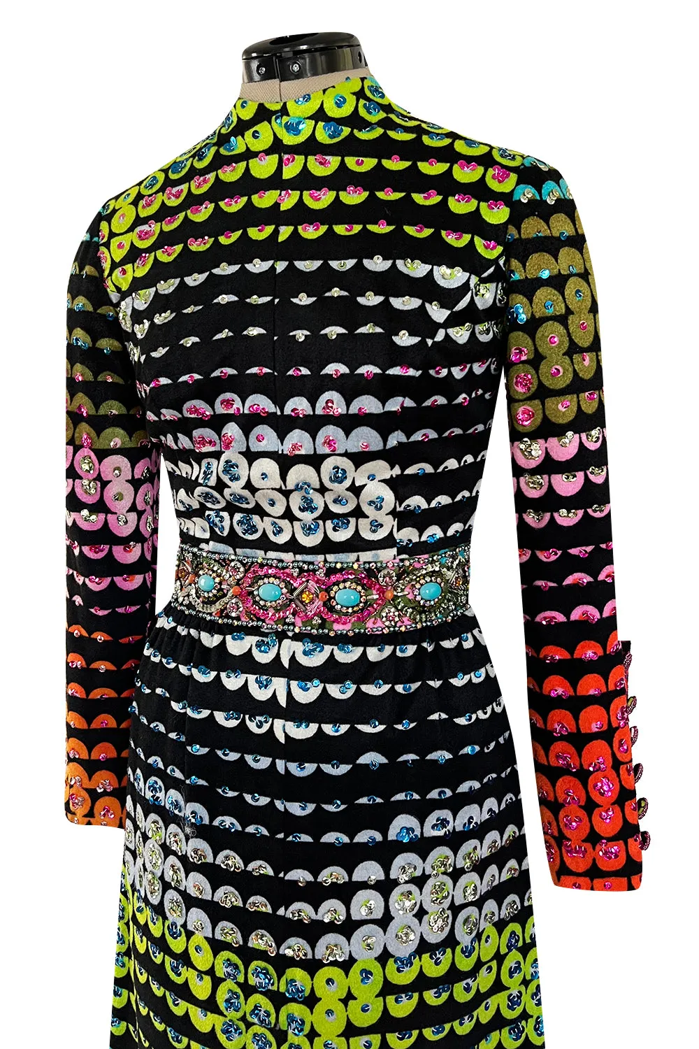 Amazing 1970s Unlabeled Valentina Inc. Rainbow Colored Elaborate Sequin & Bead Detailed Dress