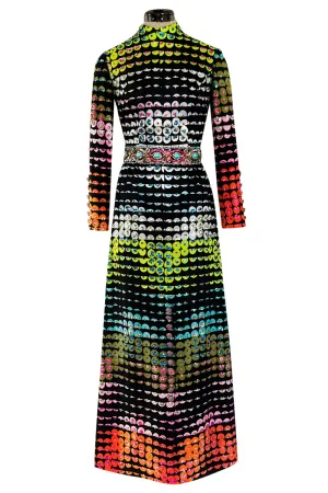 Amazing 1970s Unlabeled Valentina Inc. Rainbow Colored Elaborate Sequin & Bead Detailed Dress