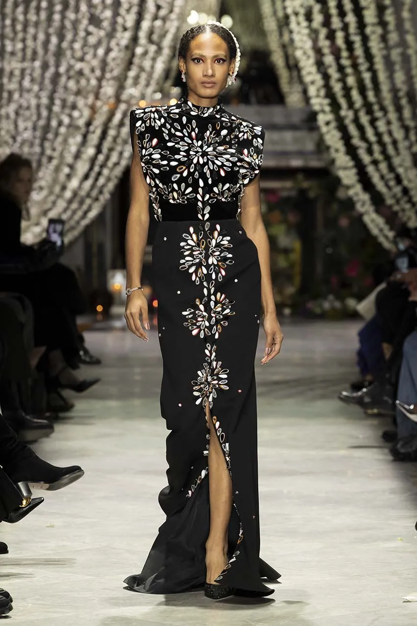 Black Kala Velvet and Cady Gown with Sashi Mirror Embroidery