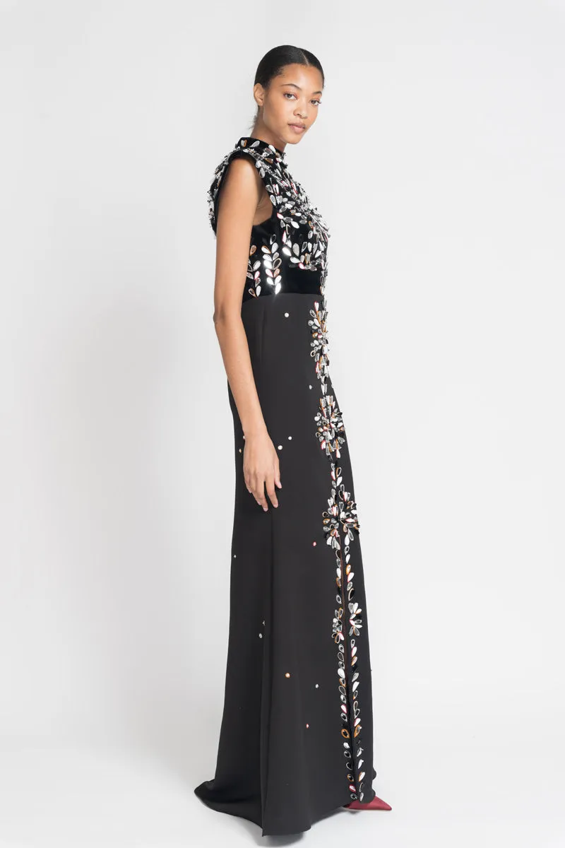 Black Kala Velvet and Cady Gown with Sashi Mirror Embroidery