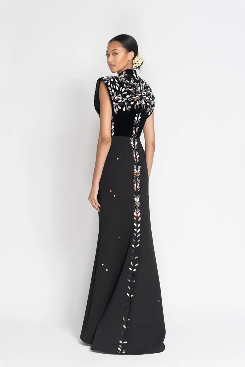 Black Kala Velvet and Cady Gown with Sashi Mirror Embroidery