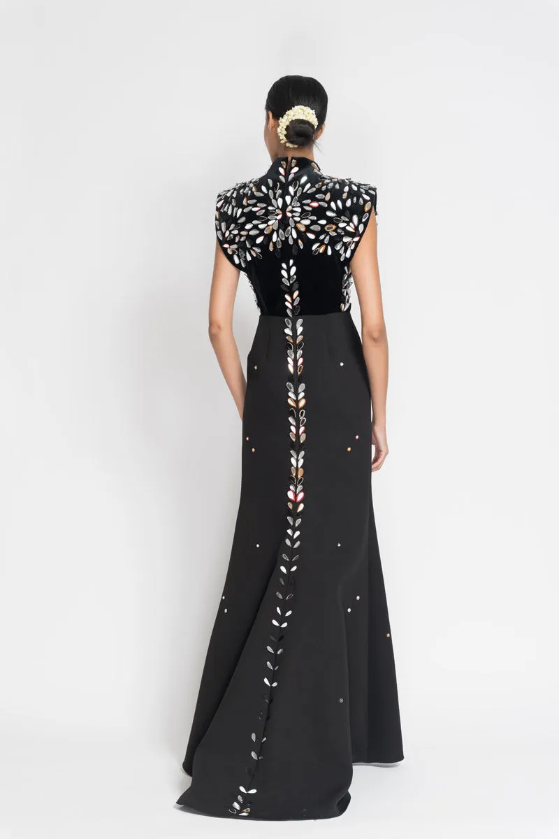 Black Kala Velvet and Cady Gown with Sashi Mirror Embroidery