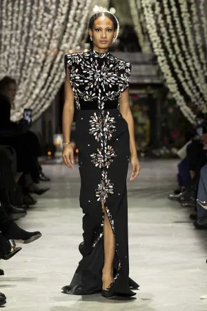 Black Kala Velvet and Cady Gown with Sashi Mirror Embroidery