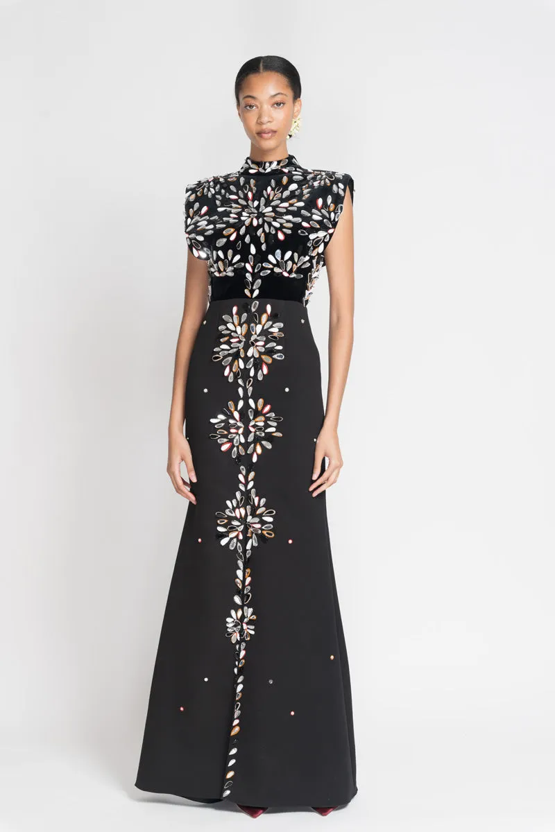 Black Kala Velvet and Cady Gown with Sashi Mirror Embroidery