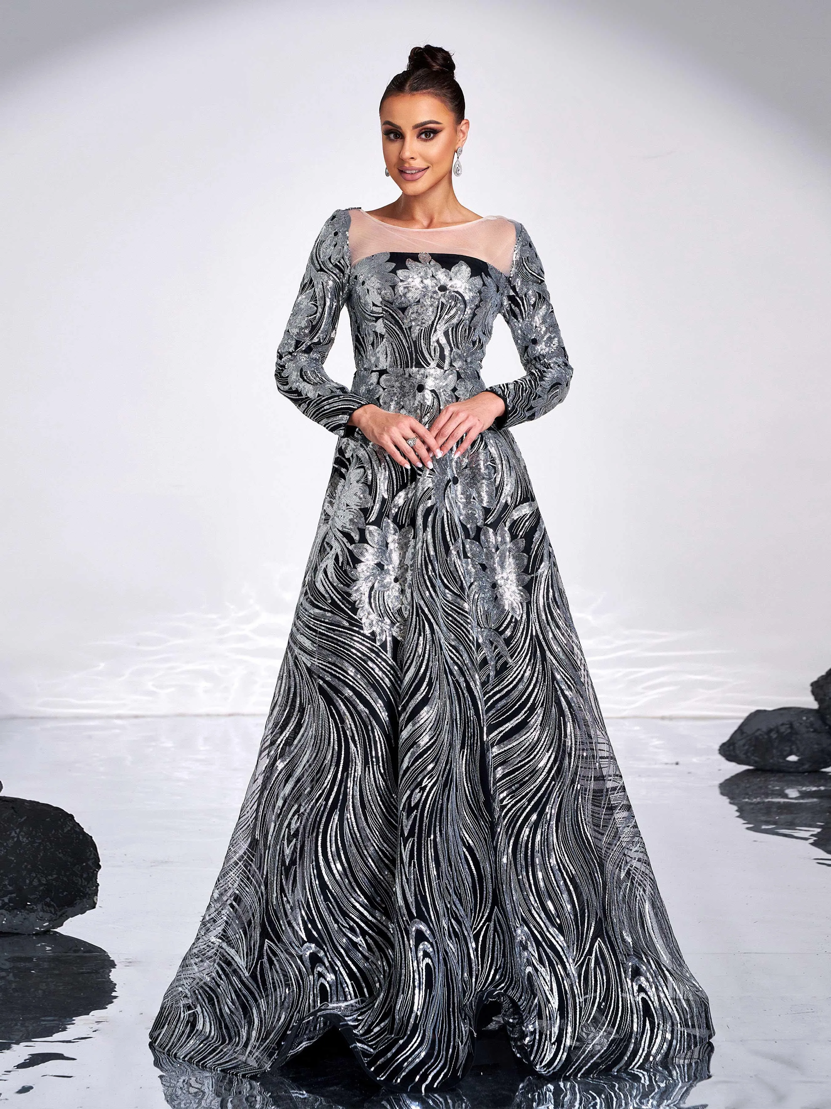 Black Panel A-line Sequin Evening Dress GM00588