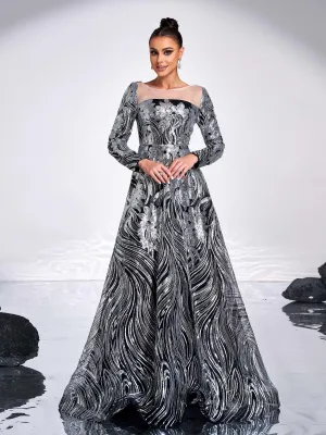 Black Panel A-line Sequin Evening Dress GM00588