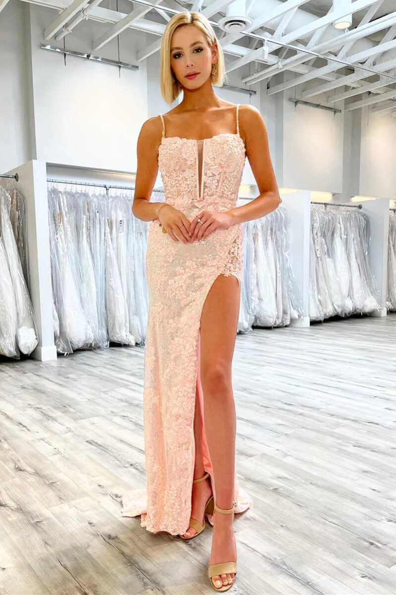 Blue 2025 Sequins Long Prom Dress Lace Spaghetti Straps Formal Dress with Slit