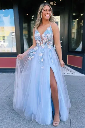 Blue Tulle A-line V-neck Lace Flowers Long Prom Dresses, Evening Dress, MP720