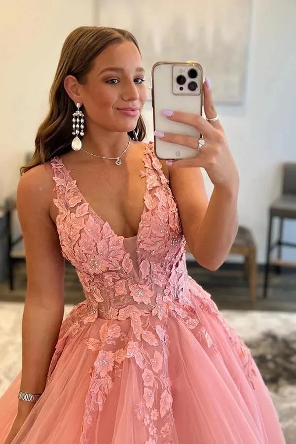 Blush A-line V-neck Princess Prom Dresses With Appliques, Evening Dress, MP861