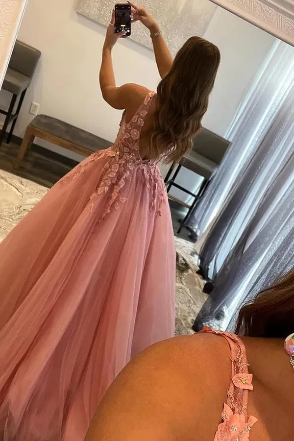 Blush A-line V-neck Princess Prom Dresses With Appliques, Evening Dress, MP861
