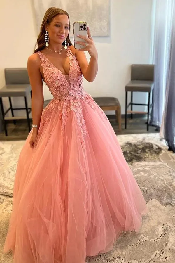 Blush A-line V-neck Princess Prom Dresses With Appliques, Evening Dress, MP861