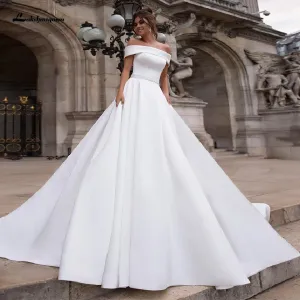 Boat Neck Satin Dress Women Wedding Gowns with Pockets