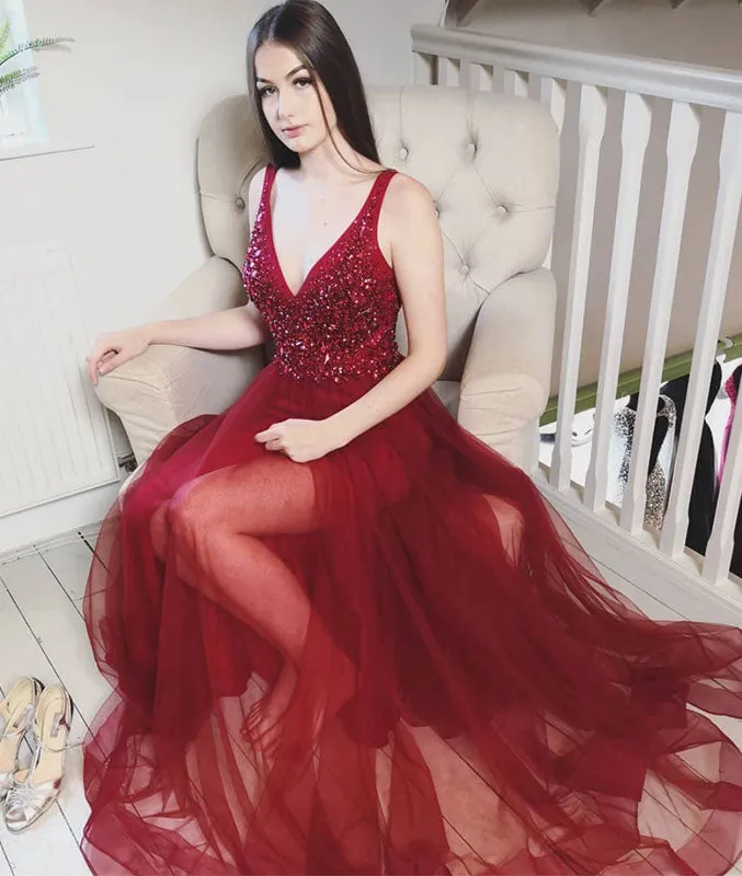 Burgundy v neck tulle sequin long prom dress, burgundy tulle evening dress