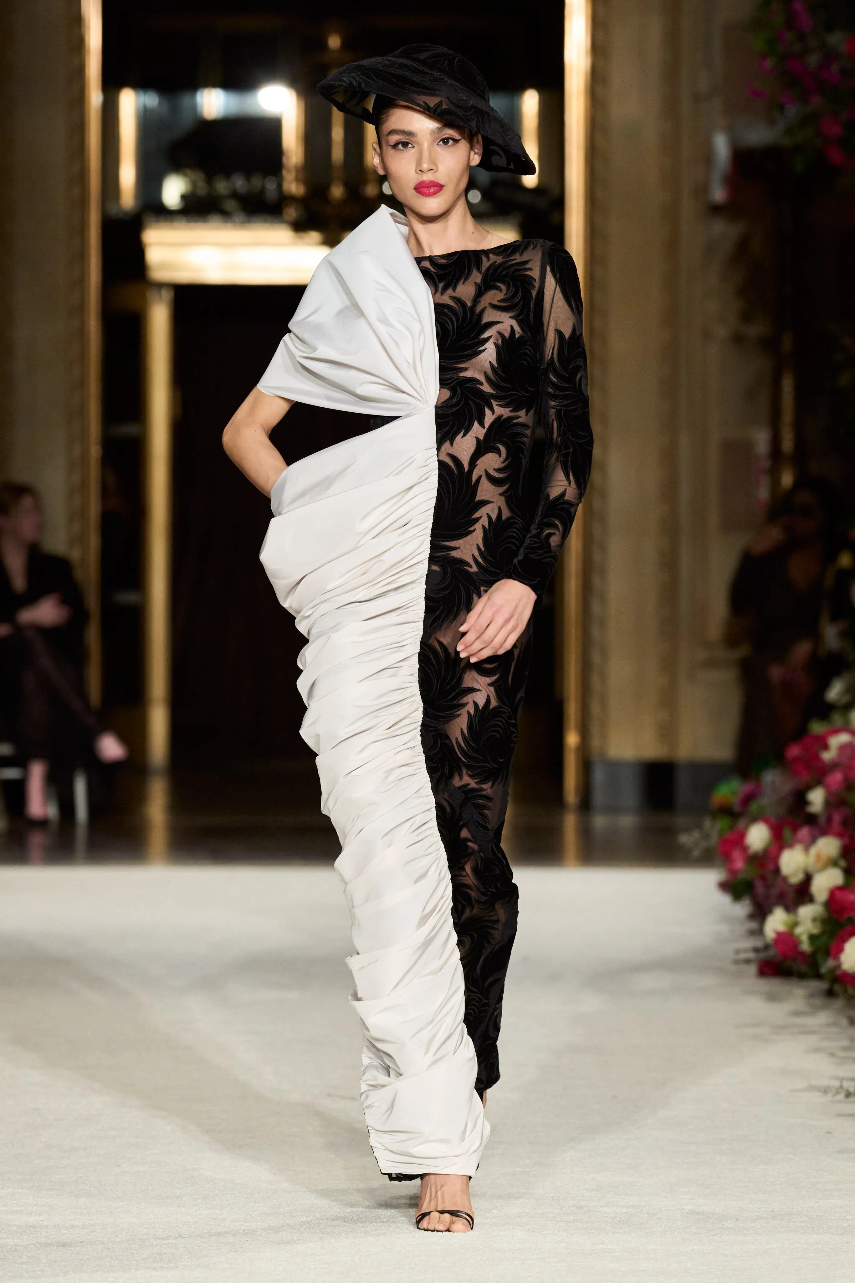 Burnout Velvet Gown with Draped Silk Faille Panel