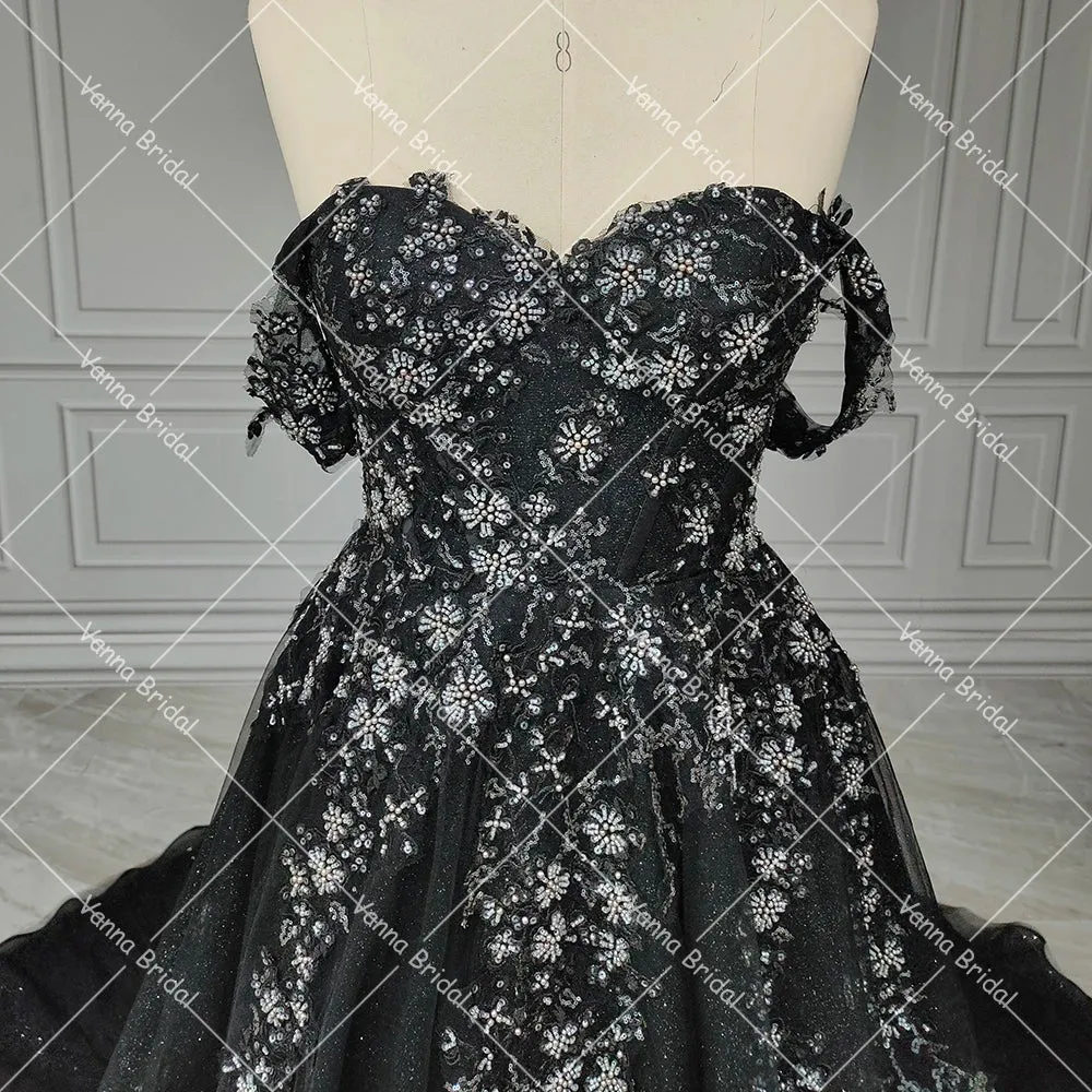 Customized Sparkle Beading Appliqued Wedding Gowns Puffy Off Shoulder Sheer Top Embroidered Shimmer Sweetheart Bridal Dress