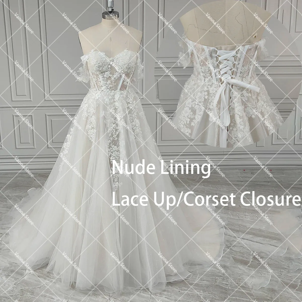 Customized Sparkle Beading Appliqued Wedding Gowns Puffy Off Shoulder Sheer Top Embroidered Shimmer Sweetheart Bridal Dress