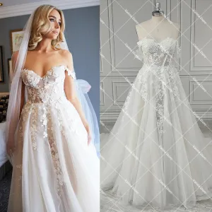 Customized Sparkle Beading Appliqued Wedding Gowns Puffy Off Shoulder Sheer Top Embroidered Shimmer Sweetheart Bridal Dress