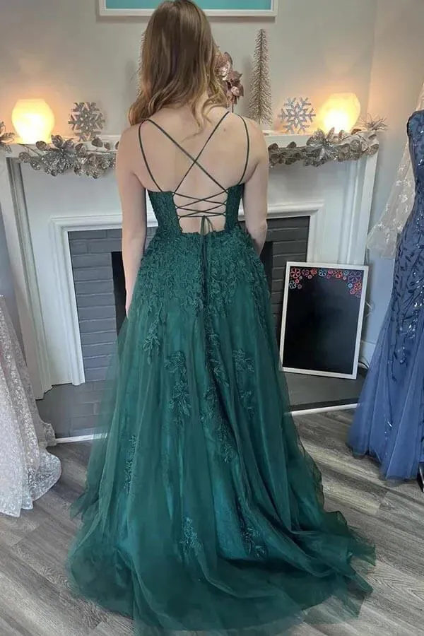 Dark Green Tulle A-line Scoop Spaghetti Straps Long Prom Dresses, MP969