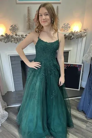 Dark Green Tulle A-line Scoop Spaghetti Straps Long Prom Dresses, MP969