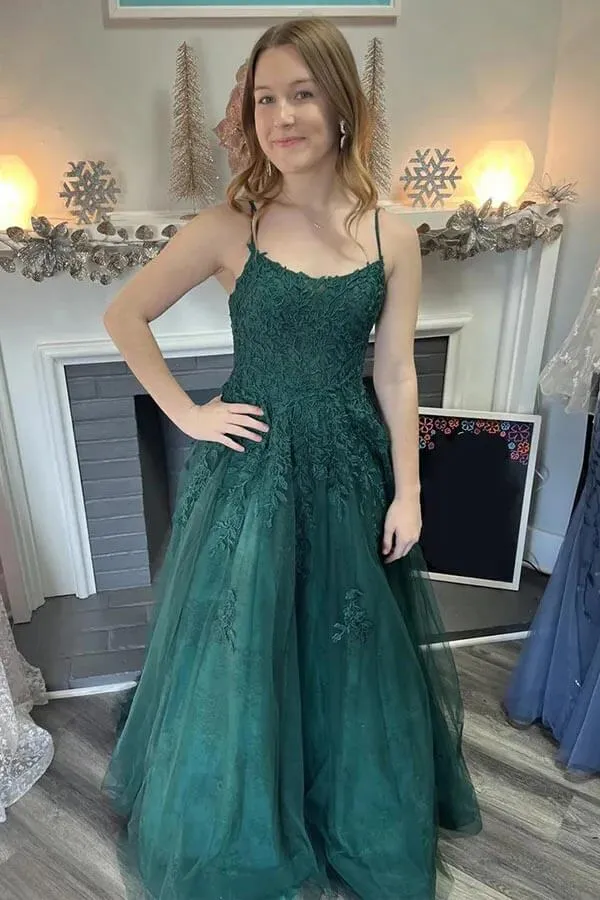 Dark Green Tulle A-line Scoop Spaghetti Straps Long Prom Dresses, MP969