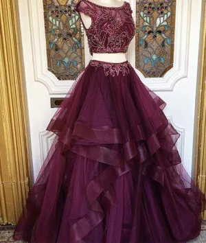 deep purple beaded prom gown 2020 crystals tulle tiered elegant two piece prom dresses long