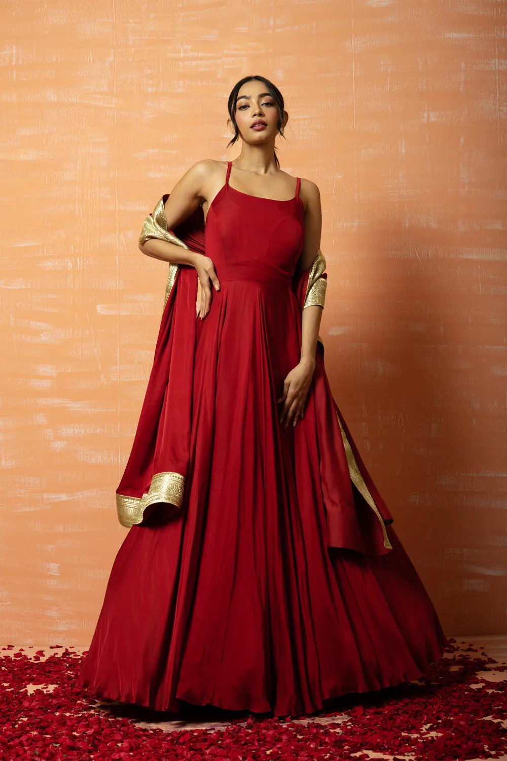 Deep Red Modal Gown With Dupatta