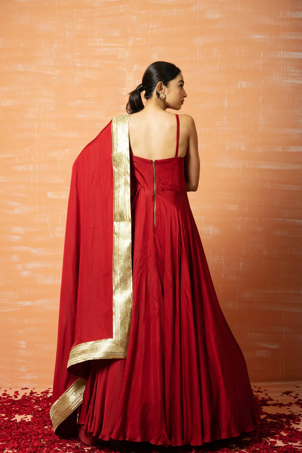 Deep Red Modal Gown With Dupatta