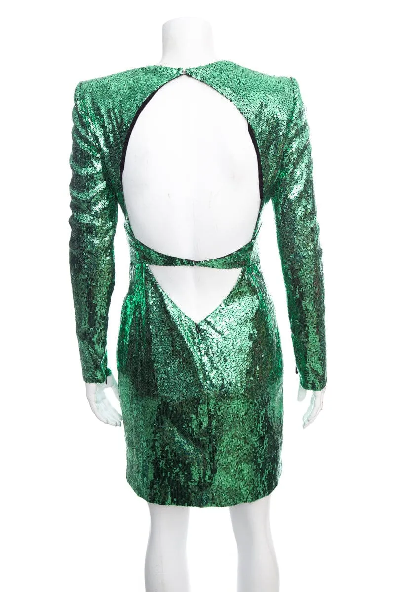 Dundas Green Sequin Open Back Long Sleeve Dress SZ 40