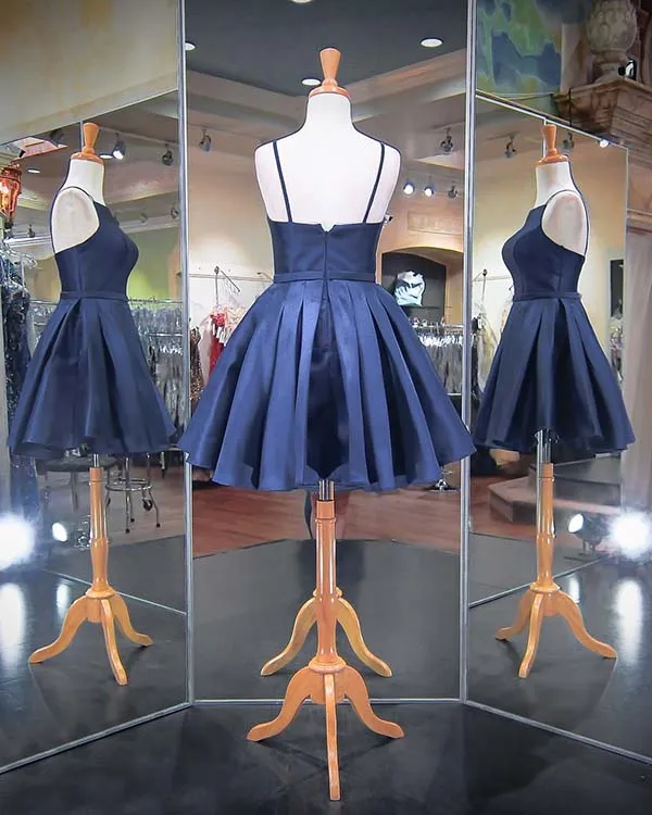 Fashion 2018 Navy Blue Prom Dresses Spaghetti Straps Satin Ball Gown Homecoming Party Gowns