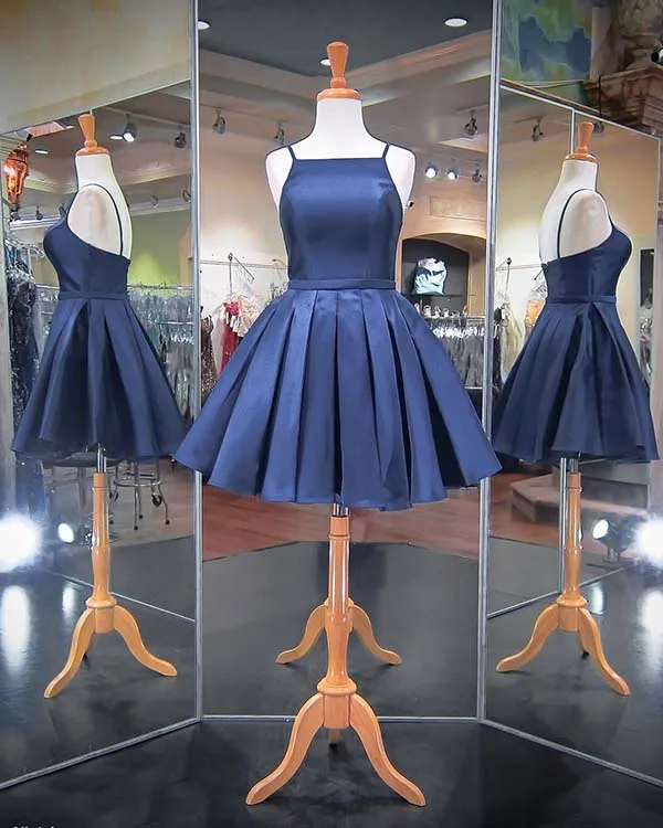 Fashion 2018 Navy Blue Prom Dresses Spaghetti Straps Satin Ball Gown Homecoming Party Gowns