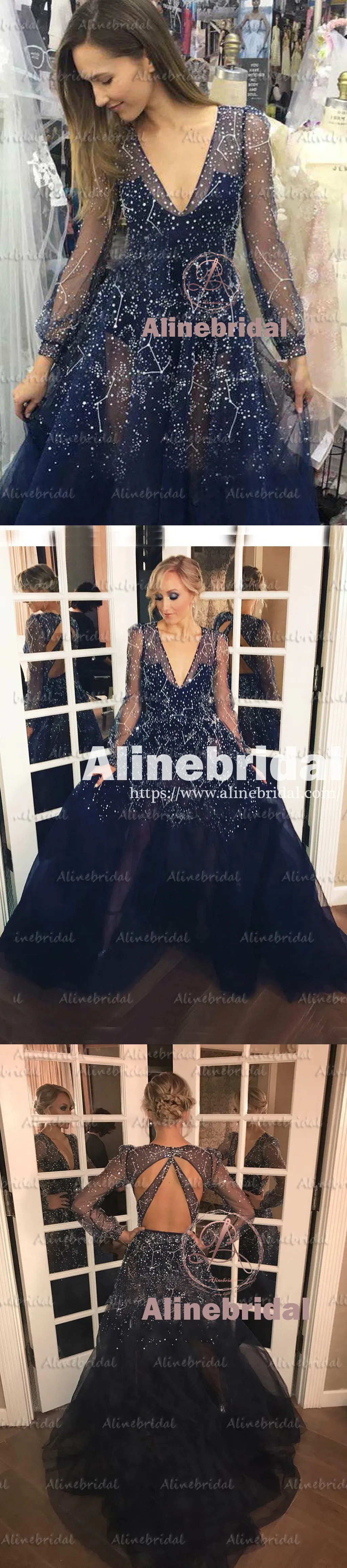 Fashion Shinning Night Star Sequins  Long Sleeve V-neck Sexy Prom Gown Dresses,PD00044