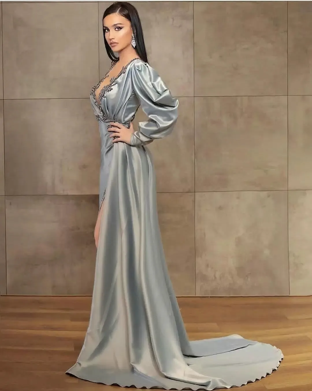 Gray Evening Dresses Mermaid Scoop Long Sleeves