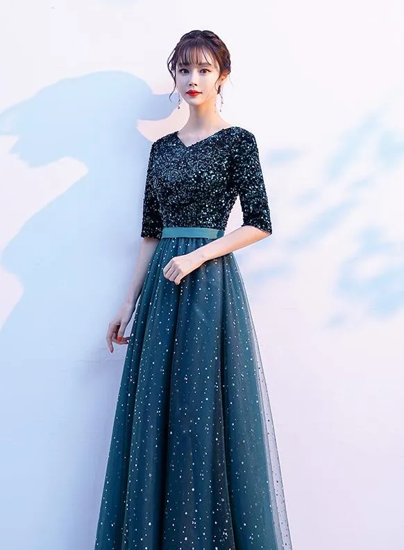 Green Sequins and Tulle Short Sleeves Long Bridesmaid Dress, Green A-line Wedding Party Dress
