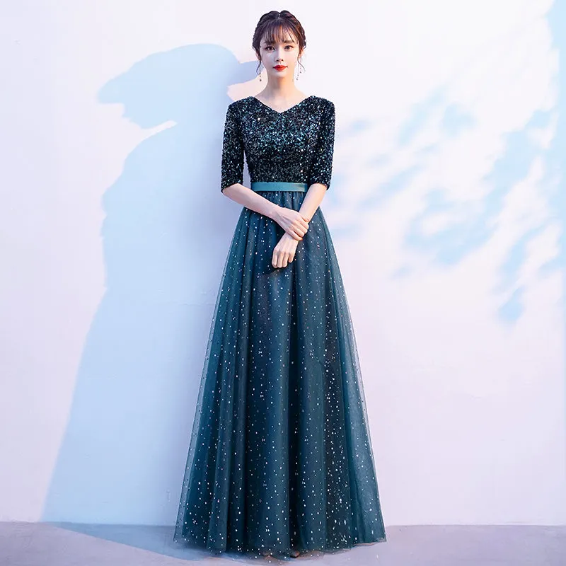 Green Sequins and Tulle Short Sleeves Long Bridesmaid Dress, Green A-line Wedding Party Dress