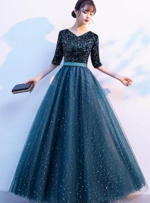 Green Sequins and Tulle Short Sleeves Long Bridesmaid Dress, Green A-line Wedding Party Dress