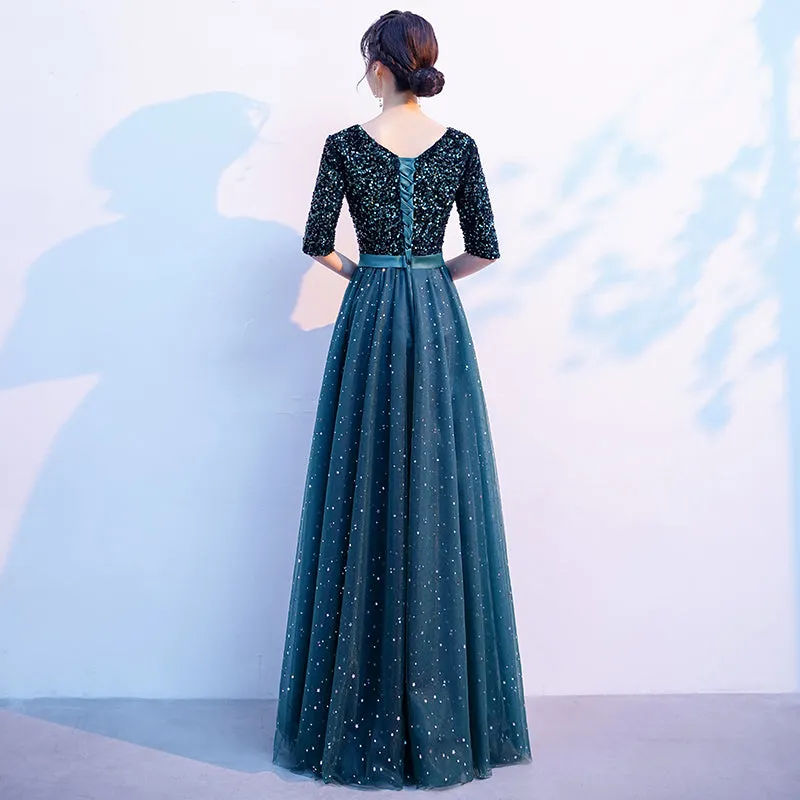 Green Sequins and Tulle Short Sleeves Long Bridesmaid Dress, Green A-line Wedding Party Dress