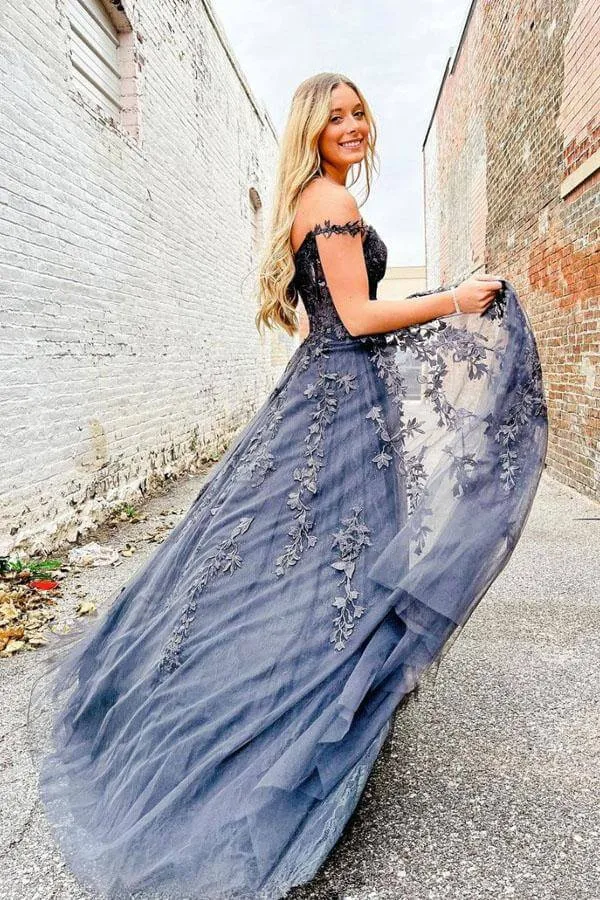 Grey A-line Sweetheart Prom Dresses With Lace Appliques, Evening Gown, MP767