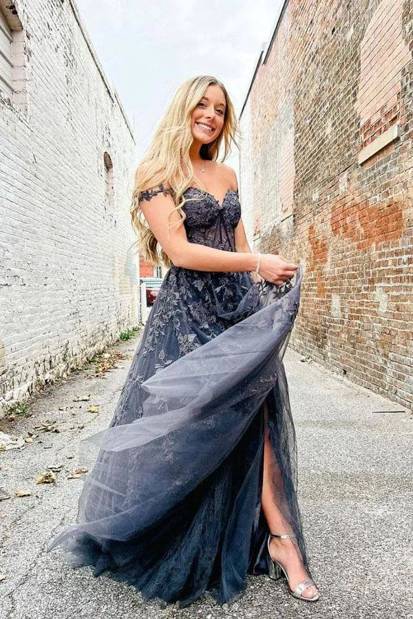 Grey A-line Sweetheart Prom Dresses With Lace Appliques, Evening Gown, MP767