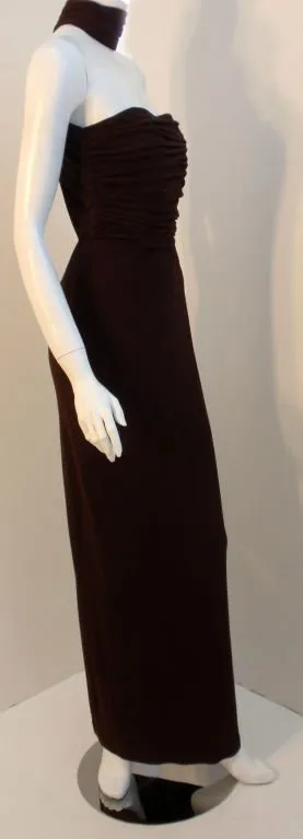 HALSTON Dark Brown Reverse Halter Backless Evening Gown