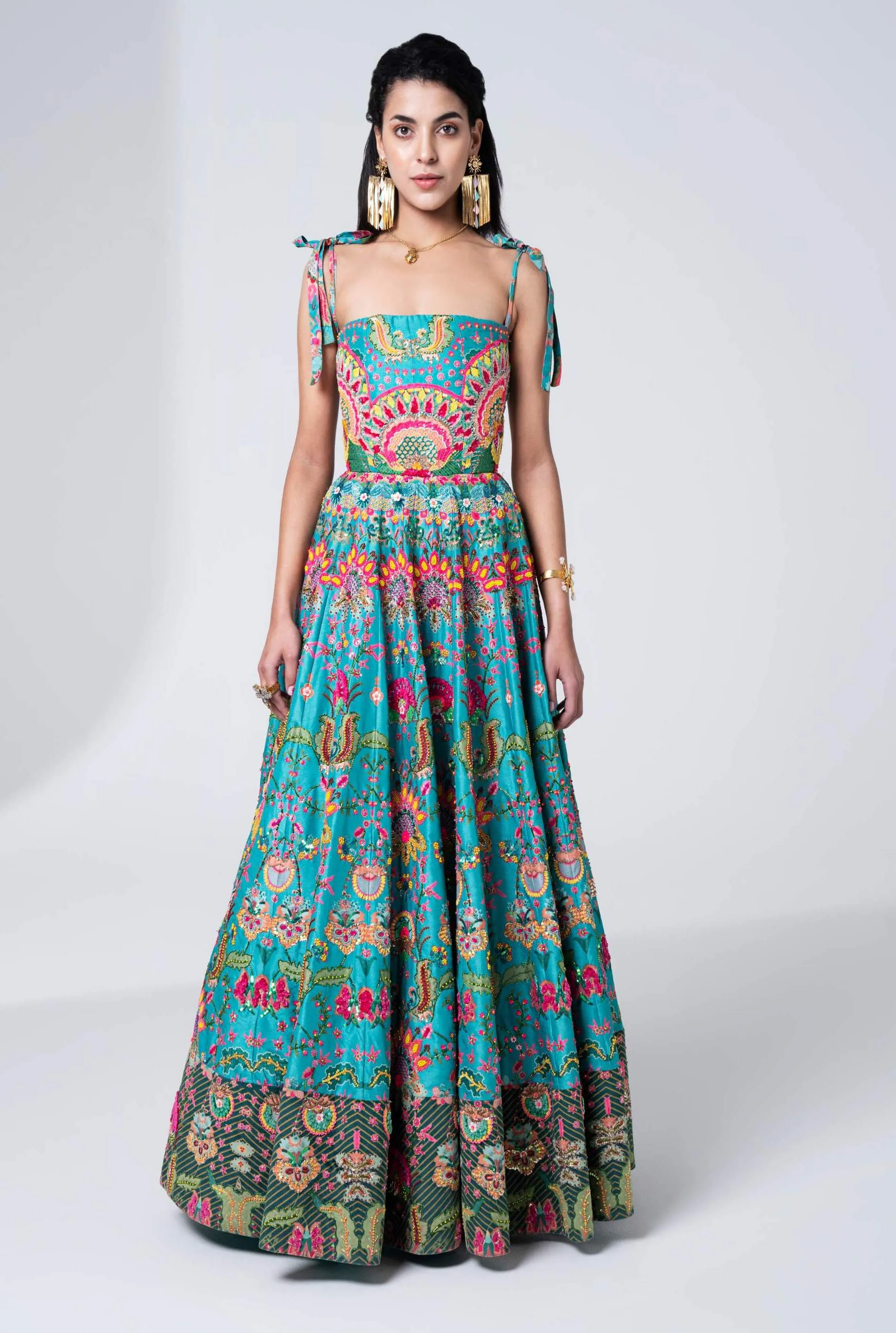 Hawaiian Teal Embroidered Corseted Gown