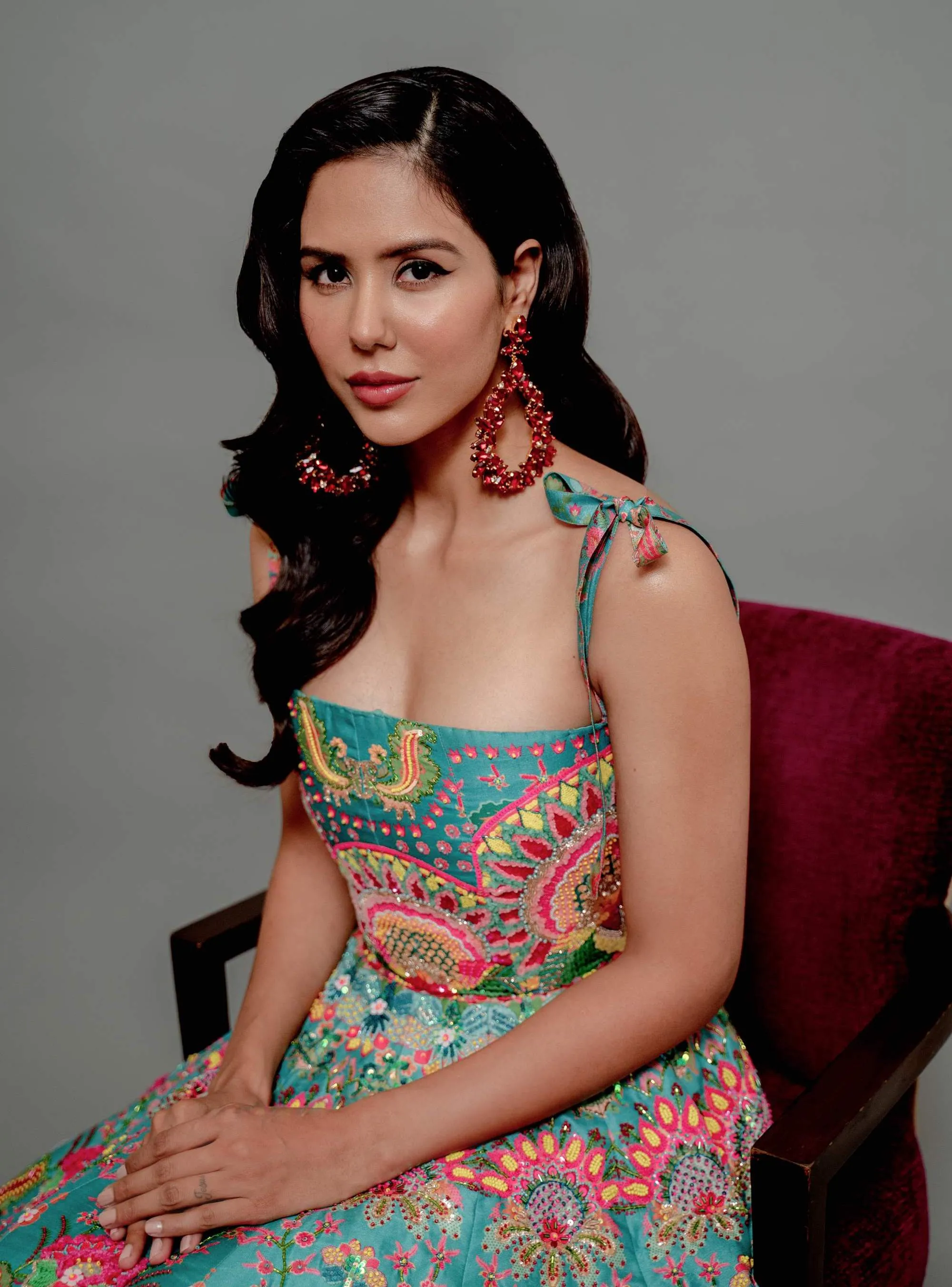 Hawaiian Teal Embroidered Corseted Gown