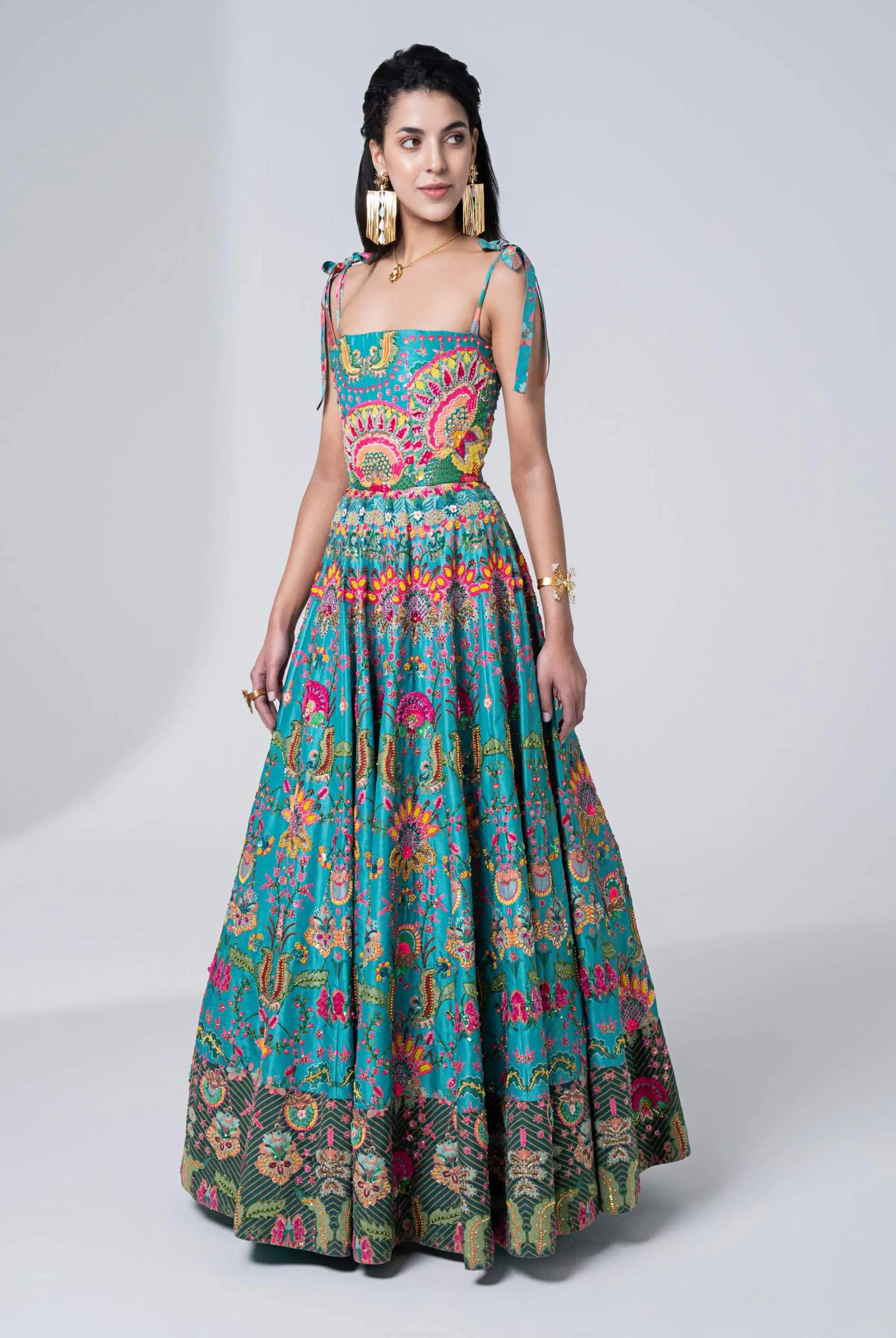 Hawaiian Teal Embroidered Corseted Gown