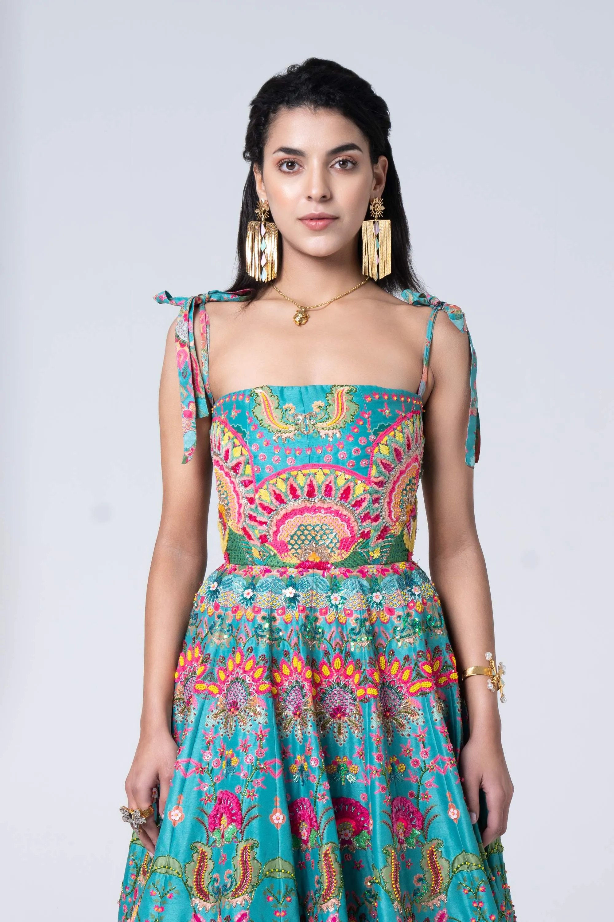 Hawaiian Teal Embroidered Corseted Gown