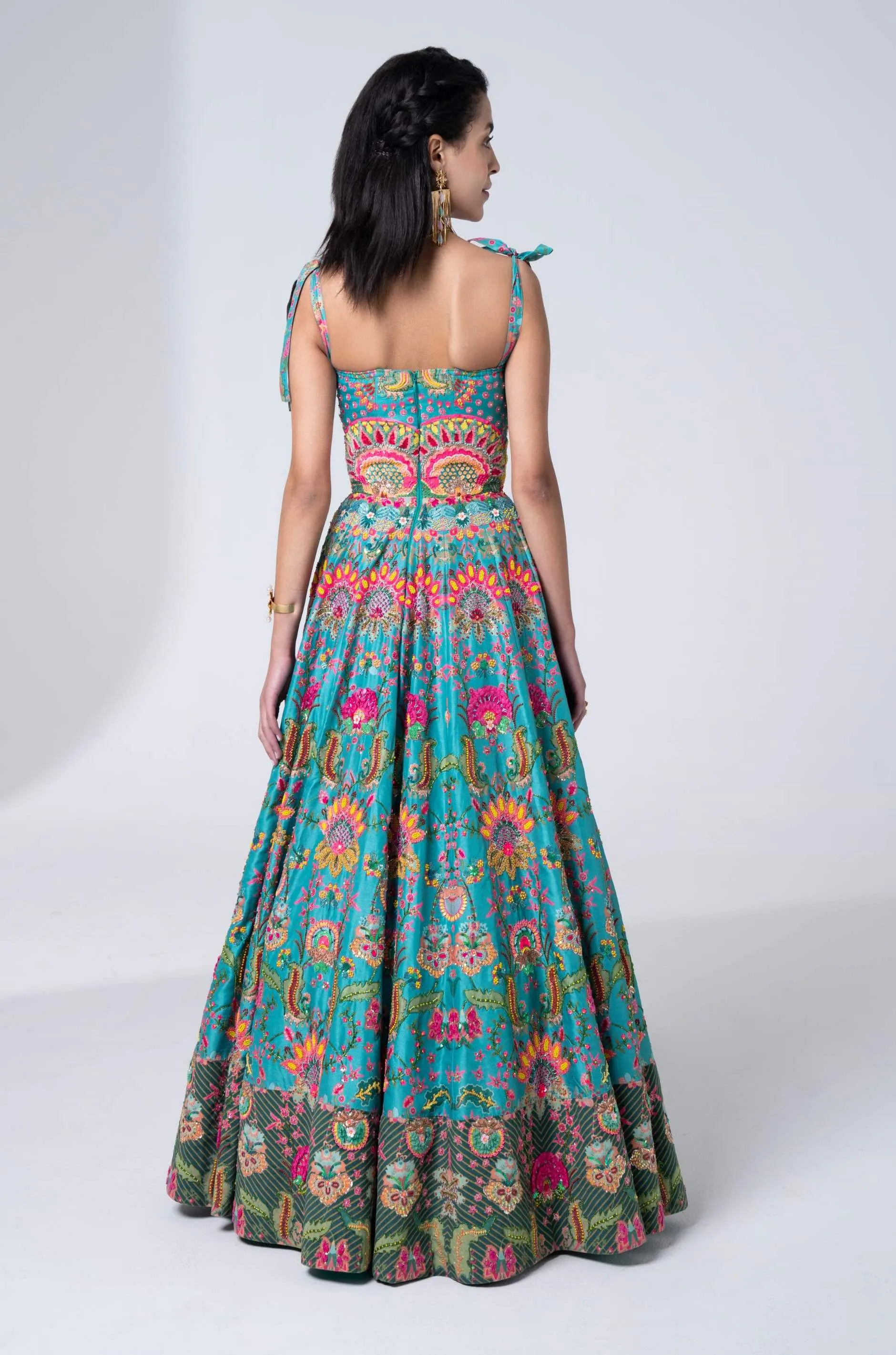 Hawaiian Teal Embroidered Corseted Gown