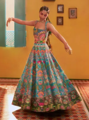 Hawaiian Teal Embroidered Corseted Gown